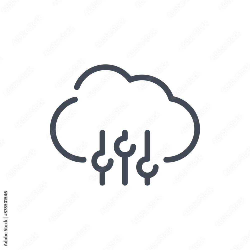 Poster cloud service preferences and settings line icon. options of cloud computing vector outline sign.