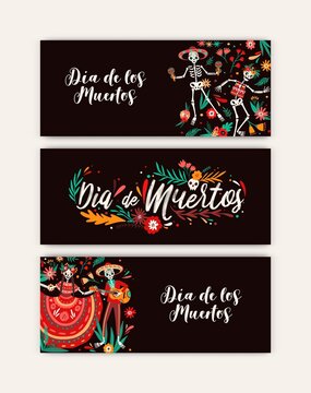 Dia de los angelitos party flyers set vector flat illustration. Bundle of colorful seasonal carnival event invitation. National Mexican holiday with Halloween attributes - skulls and skeletons