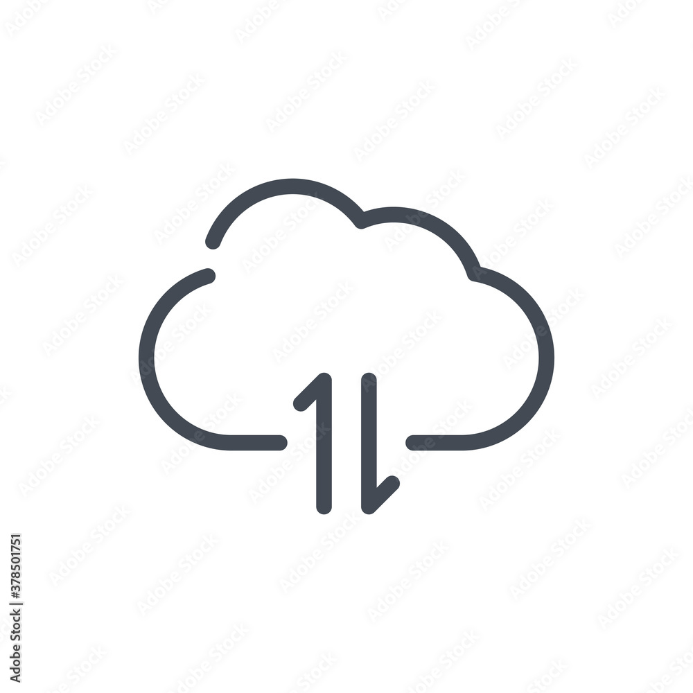 Poster data transfer of cloud service line icon. synchronization of cloud server vector outline sign.