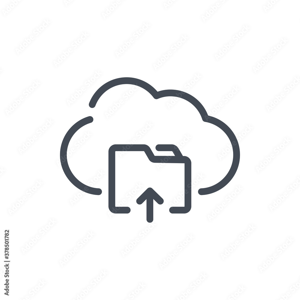 Poster upload files to cloud service line icon. folder with arrow up and cloud server vector outline sign.
