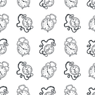 Seamless pattern with cute hand drawn clocks. Vector