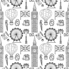 Seamless pattern with Welcome to Great Britain hand drawn icons. Doodle vector United Kingdom related collection