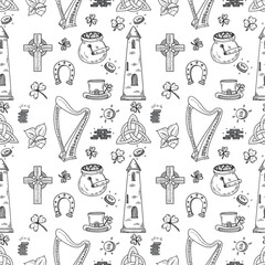 Seamless pattern with Ireland related hand drawn icons including irish round tower and others. Doodle vector Ireland related collection