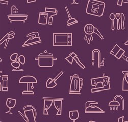 Household goods and appliances, seamless pattern, color, purple. Pink icons on a purple field. Thin outline. Vector.  