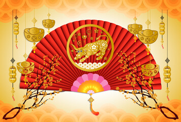 Happy chinese new year 2021 with cherry blossom flower year of the Ox