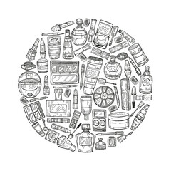 Round composition with make-up products and perfumes. Vector hand drawn make-up collection.