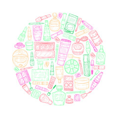 Round composition with make-up products and perfumes. Vector hand drawn make-up collection.