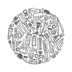 Composition with hair styling including hair dryer, hair straightener, curling iron, comb, hairspray and other tools. Hand drawn vector hair styling collection
