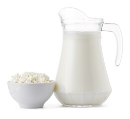 Fresh dairy products milk and cottage cheeese isolated on white