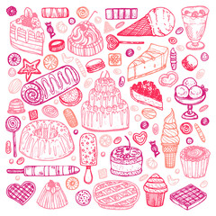 Big set with cute hand drawn sweets and candies. Vector collection