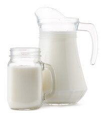 Glass jar and cup of fresh milk isolated