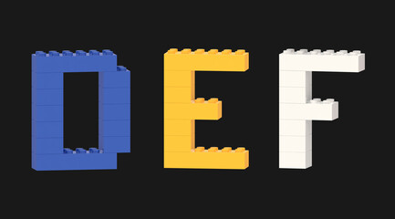 Alphabet letters from colorful plastic toy blocks isolated to solid background