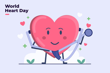 World Heart Day illustration with cute heart character and with stethoscope. International heart Health care awareness at 29 September. Can be used for Poster, banner, flyer, animation, presentation.