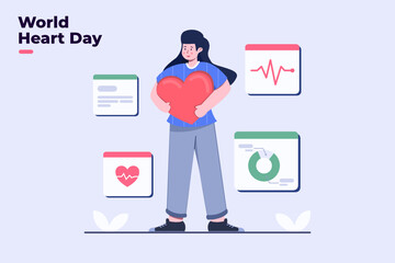 World Heart Day illustration with people hugging heart. Heart healthcare awareness day at 29 September. Woman hugging the heart shaped pillow. Can be used for banner, poster, greeting, flyer.