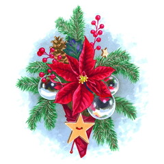 Fototapeta na wymiar Winter bouquet with mirrow christmas tree balls and stars