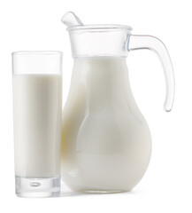 Glass jar and cup of fresh milk isolated