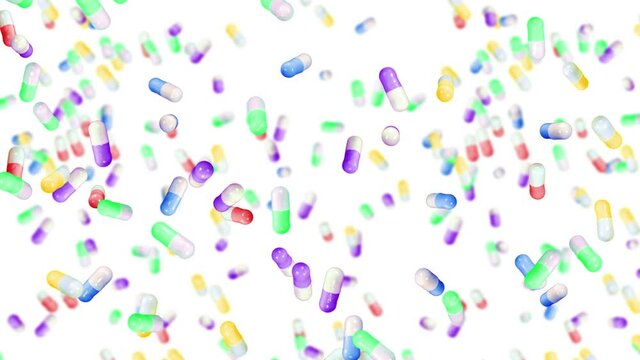Flying many medical capsules on white background. Medicine and pharmaceutical concept. 3D animation of colorful pill capsule rotating. Loop animation.