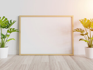 Fototapeta na wymiar Golden frame leaning on floor in interior mockup. Template of a picture framed on a wall 3D rendering