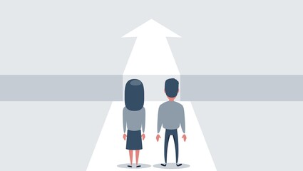 Business challenge and solution vector concept with business people standing over big gap. Symbol of overcoming obstacles, strategy, analysis, creativity. vector illustration.