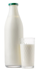Glass bottle and cup of fresh milk isolated