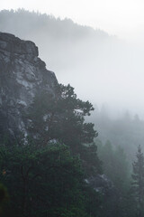 Scenic landscape view of the cliff in the fog.
