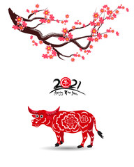 Happy chinese new year 2021 with cherry blossom flower year of the Ox