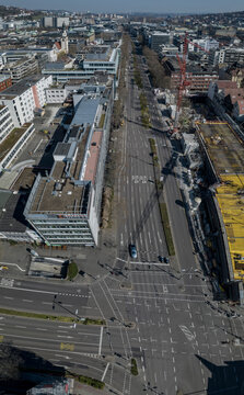 Aerial view sunny city streets, Stuttgart, Baden-Wuerttemberg, Germany
