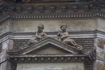 Bas-relief ,relief (sculpture)  from Satu Mare to old buildings in the city center Romania, January, 2020