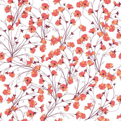 Simple background with small red flowers on a white background. Drawn floral texture. Seamless pattern for decorating fabric, tiles, paper and wallpaper on the wall.