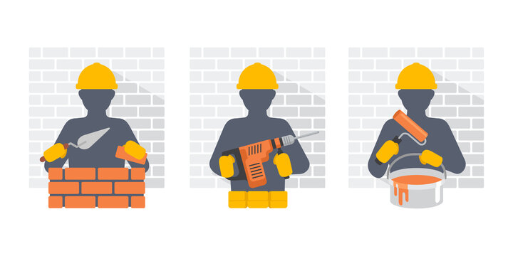 Vector pictures  construction  workers with bricks, drill and paint