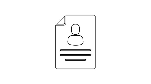 Black line Resume icon isolated on white background. CV application. Searching professional staff. Analyzing personnel resume. 4K Video motion graphic animation.