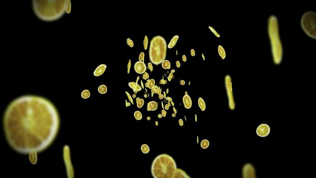 Flying many dried lemons on black background. Dehydrated fruits, Food concept. 3D animation of sliced fruits lemons rotating. Loop animation.