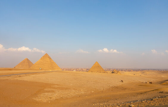 Sunny scenic view of Giza pyramid complex, Cairo, Egypt
