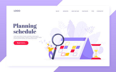 Calendar planning schedule business concept vector illustration. Tiny person with magnifier, big hourglass do working plan on day calendar and checks dates. Time management or deadline business idea.