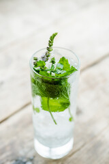 Summer cocktail with fresh blooming mint from garden. Shallow depth of field.
