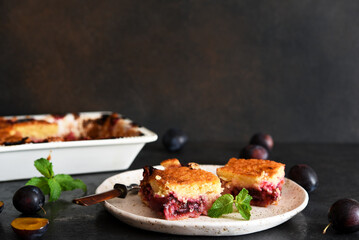 Vanilla muffin with plums and mint on a dark concrete background. Fruit pie.