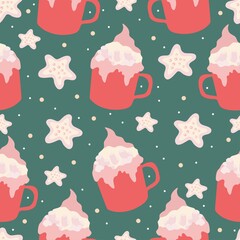 Cute winter seamless pattern with cups and cookies. Christmas season print. Vector illustration for wrapping paper, textile.