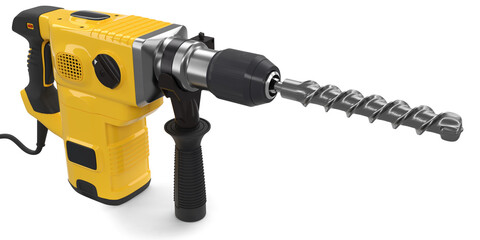 Electric drill with cord and attached metal bit, tool for repair