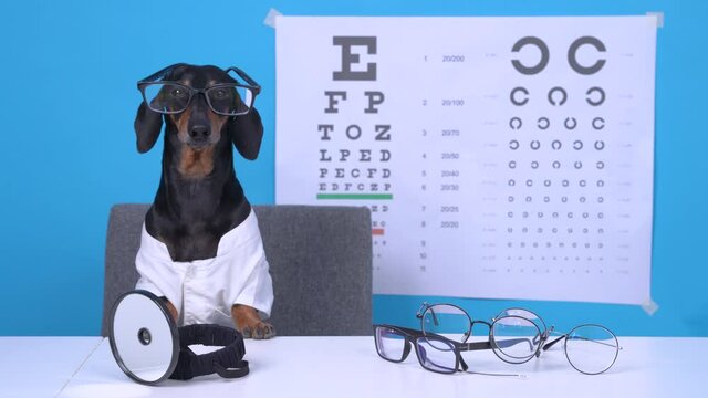 Funny dachshund dog ophthalmologist in doctors costume with glasses for vision correction, professional equipment on the desktop, poster with letters for eye chart test on background