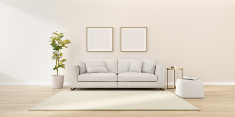 3d render of modern living room with sofa and white blank picture frame on wall.	
