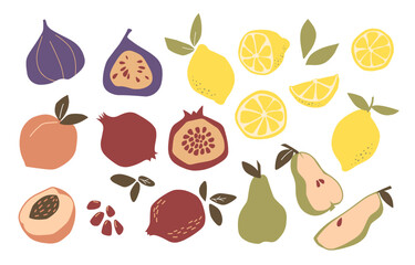 Abstract modern set of natural tropical fruits. Doodles lemon, pear,peach, figs, pomegranate and vitamin. Vegan kitchen, organic fruits or vegetarian food. Vector hand drawn flat  illustration