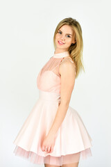 Excitement. sexy blond wear pink dress. ready for formal party. looking trendy and stylish. fashionable look of sexy woman. having perfect hairstyle. female beauty and fashion. beauty smile