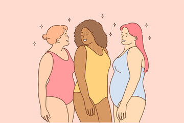 Body positive, vacation, travelling, holiday concept. Young happy obese thick women friends tourists characters in swimsuits standing together. Summer rest recreation on sea coast and active lifestyle