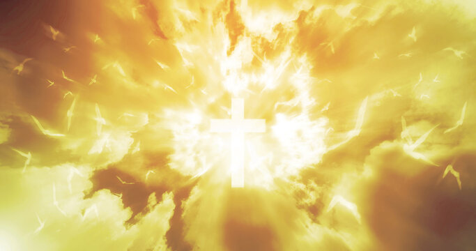 Christian cross appears bright in the sky background and soft clouds. with the light shining as Love. hope and freedom of God Jesus.