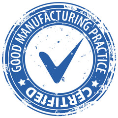 GMP Good Manufacturing Practice Certified text in round rubber stamp with tick symbol icon isolated on white background.