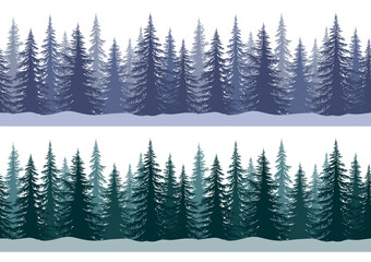 Seamless Horizontal Winter Landscapes with Christmas Coniferous Trees and Snowflakes, Tile Holiday Background. Vector.