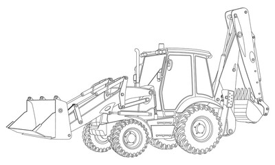 Tractor with additional options. Tractor in lines. Vector illustration on white background.