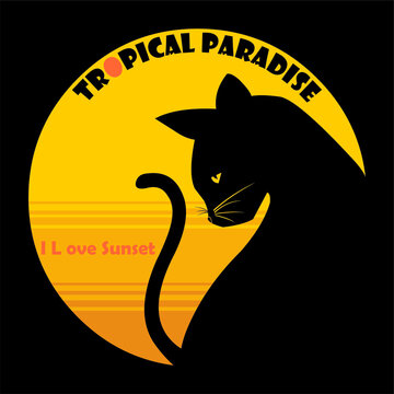 Vector illustration of a cat silhouette in a sunset 