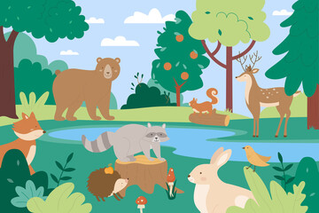 Animals in summer forest vector illustration. Cartoon flat funny animalistic characters enjoy summertime scenic green trees and natural blue lake together, cute forest wild nature scenery background © Flash Vector