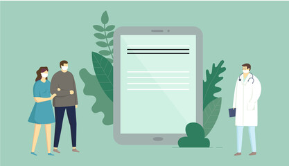 Patient Medical Card, House Call Doctor, Home Doctor Service Concept. Characters In Protective Masks Call A Doctor At Home To Prescribe Medication From Illness. Abstract Flat Style Vector Illustration